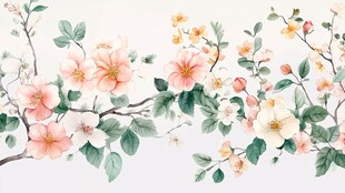 手绘粉色花卉枝叶图案