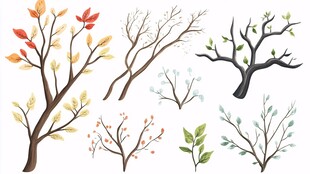 四季树枝插画素材集合
