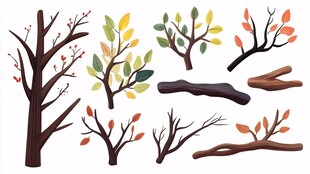 手绘多彩树枝与树干素材