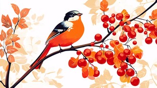 枝头雀影 秋果相伴