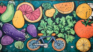 缤纷蔬果与单车的活力画面