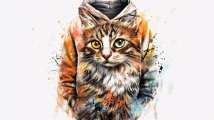 水彩风格猫咪连帽衫图案