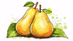 两个黄梨带绿叶插画