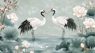 双鹤立于荷塘中式图景