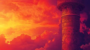 夕阳下的神秘雕花石柱