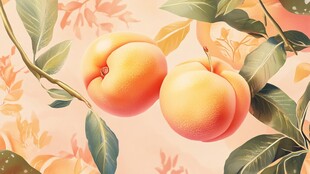 枝头双桃 花叶相伴