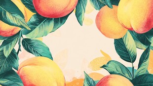 水彩绘桃叶环绕的甜美桃子