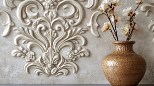 复古浮雕墙与素雅花瓶