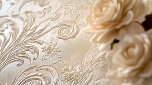 米白色花纹背景与仿真玫瑰