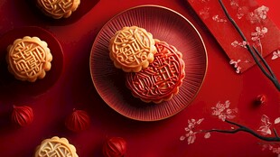喜庆红背景下的传统美味月饼