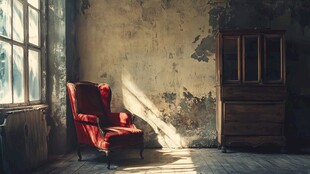 破旧房间里的红色复古座椅