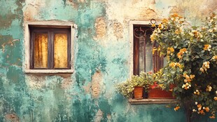 斑驳墙前繁花伴旧窗