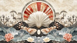 中式贝壳花卉海洋风背景图