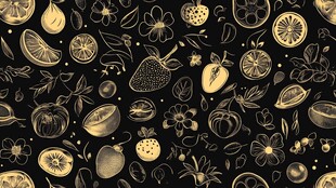 手绘水果花卉黑金风图案