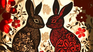 双兔剪纸 花卉间的灵动意象