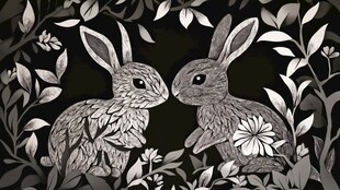 黑白双兔花丛亲昵图