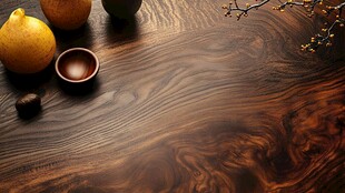 木质桌面上的鲜果与器物