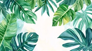 热带绿叶边框水彩背景图