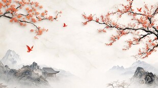 中式山水花鸟诗意背景图