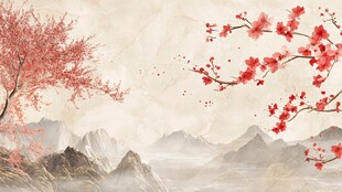中式山水红梅雅致图景