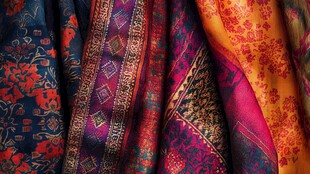 多彩传统印花织物特写