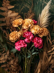 多彩康乃馨与植物的组合