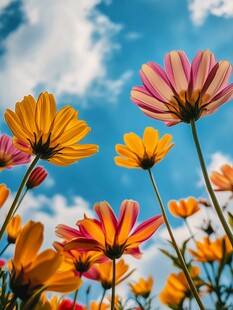 蓝天之下绚烂多彩的花朵