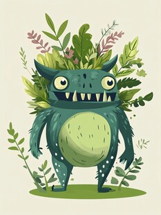 绿色萌怪与植物共舞