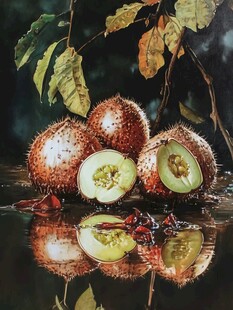 油画中的红毛丹与落叶