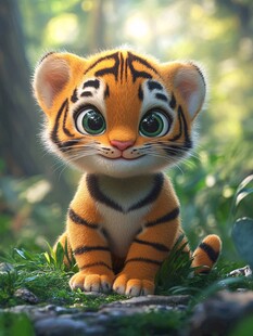 可爱小老虎坐于林间草地