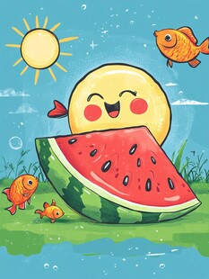 夏日西瓜笑脸与鱼儿共欢