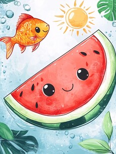 夏日金鱼与西瓜欢乐插画