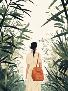 女子漫步于葱郁竹林间