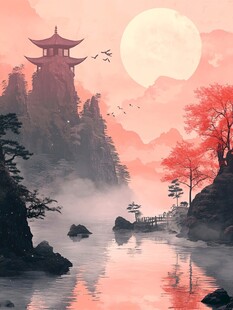 月下山水间的中式诗意景致