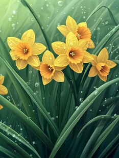 带露黄水仙的清新景致