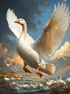 展翅高飞的大白鹅