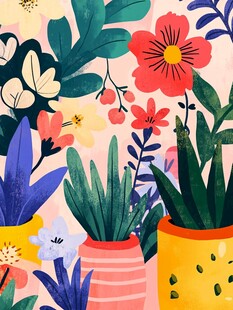多彩盆栽花卉插画
