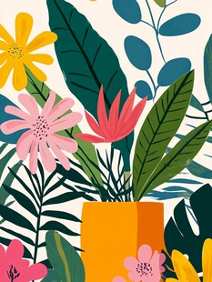 多彩花卉盆栽插画