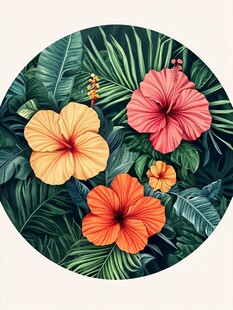 热带花卉圆形插画图案