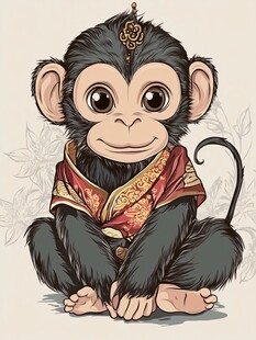 可爱小猴身着中式传统服饰