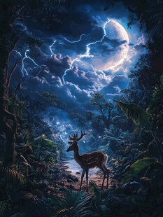 月夜森林中的神秘小鹿