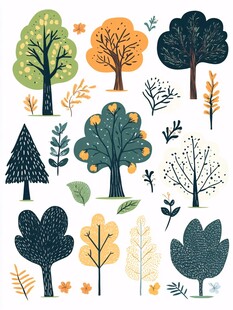 手绘多样树木植物插画