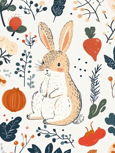 可爱兔子置身植物蔬果间