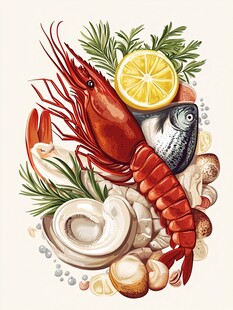 新鲜海鲜组合插画