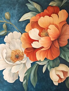 复古花卉绘 牡丹与白玫