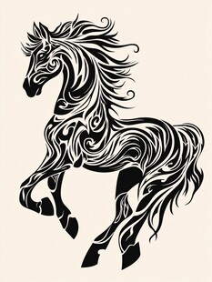 黑白线条艺术风奔腾骏马图