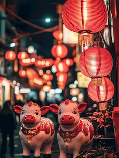 红灯笼下的可爱小牛摆件