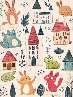 童话风动物与建筑插画