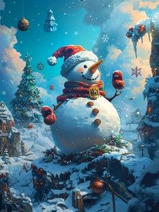 梦幻雪人圣诞雪景插画