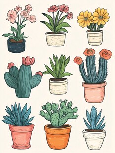 手绘盆栽植物集合